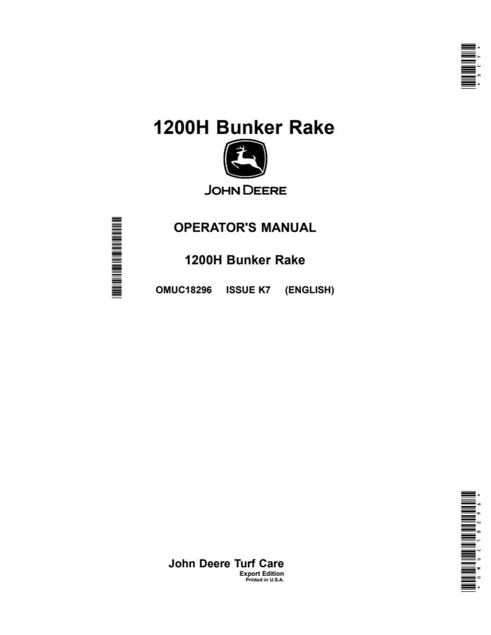 John Deere 1200H Bunker Rake Bunker rake Operator manual OMUC18296 — actual manual cover