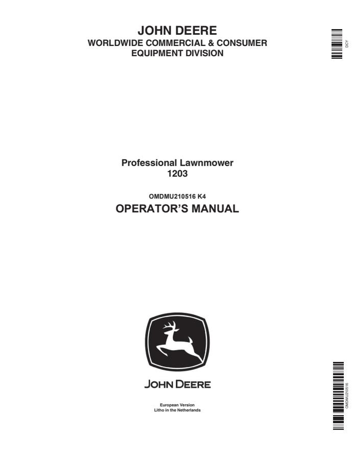 John Deere 1203 Professional Lawnmower Professional lawnmower Operator manual OMDMU210516 — actual manual cover