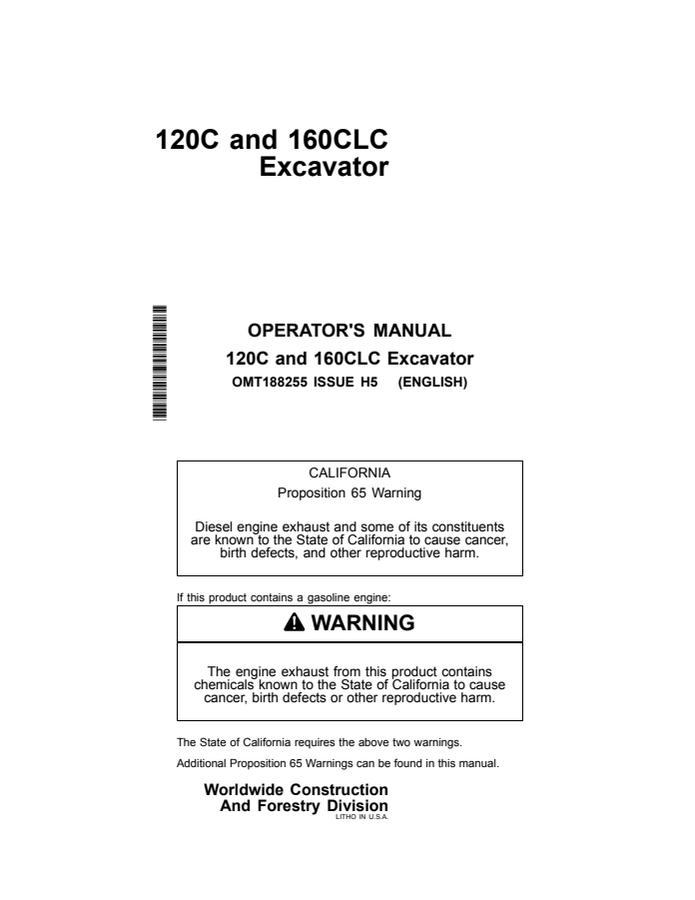 John Deere 120C, 160CLC Excavator Excavator Operator manual OMT188255 — actual manual cover