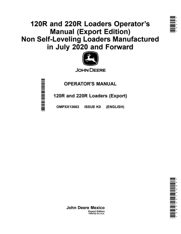 John Deere 120R, 220R Loader Loader Operator manual OMPXX13663 — actual manual cover