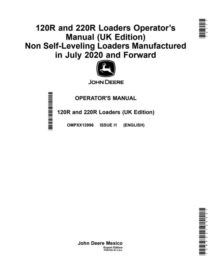 John Deere 120R, 220R Loader Loader Operator manual OMPXX13996 — actual manual cover