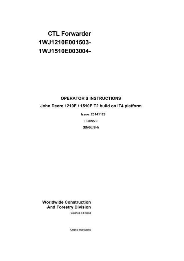 John Deere 1210E / 1510E Tier 2 IT4 Platform CTL Forwarder Forwarder Operator manual F682270 — actual manual cover