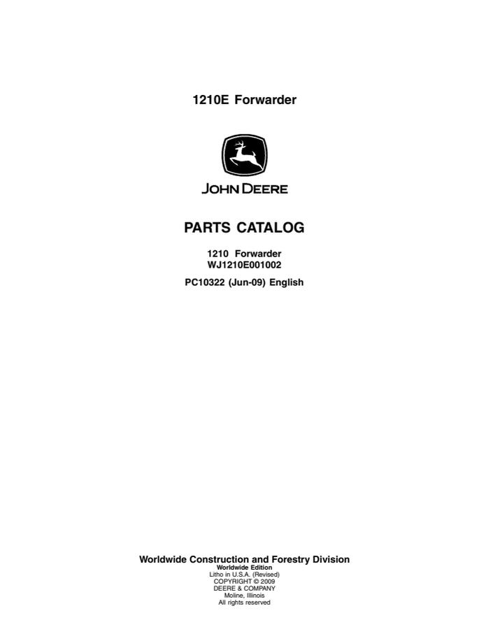 John Deere 1210E Forwarder Parts catalog PC10322 — actual manual cover