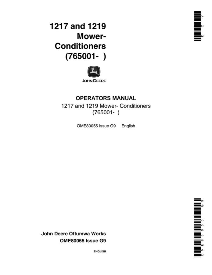 John Deere 1217, 1219 Mower-Conditioner Mower-conditioner Operator manual OME80055 — actual manual cover