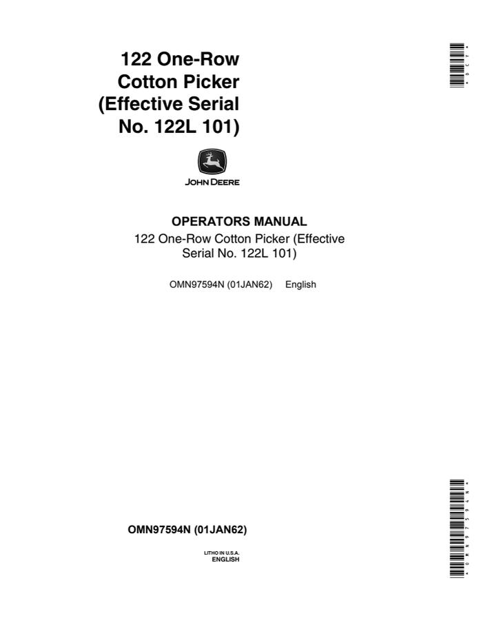 John Deere 122 One-Row Cotton Picker Cotton picker Operator manual OMN97594N — actual manual cover