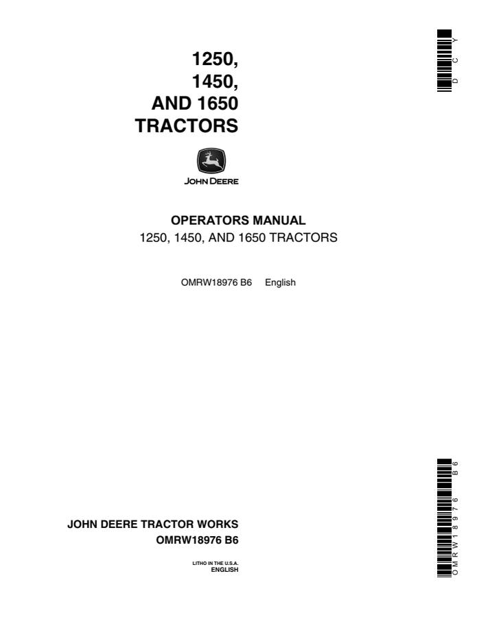 John Deere 1250, 1450, 1650 Tractor Tractor Operator manual OMRW18976 — actual manual cover