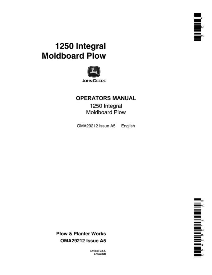 John Deere 1250 Integral Moldboard Plow Moldboard plow Operator manual OMA29212 — actual manual cover