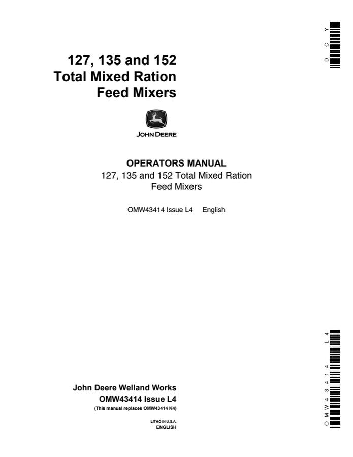 John Deere 127, 135, 152 Total Mixed Ration Feed Mixers Feed mixer Operator manual OMW43414 — actual manual cover