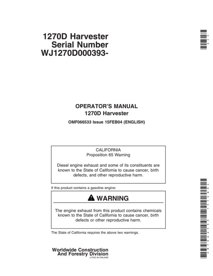 John Deere 1270D Harvester Harvester Operator manual OMF066533 — actual manual cover