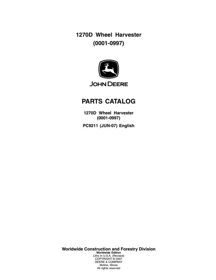John Deere 1270D Wheel Harvester Parts Catalog — actual manual cover