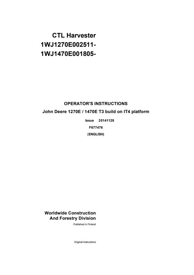 John Deere 1270E / 1470E Tier 3 IT4 Platform CTL Harvester Harvester Operator instructions F677476 — actual manual cover