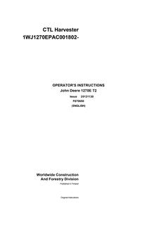 John Deere 1270E T2 Harvester Operator's instructions F670650 — actual manual cover