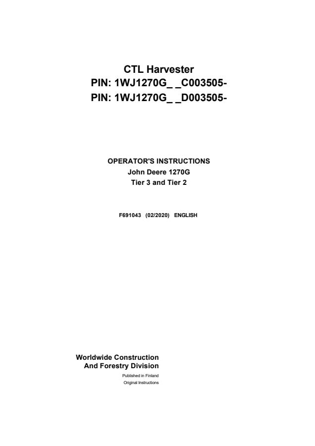 John Deere 1270G Tier 3 and Tier 2 CTL Harvester Operator’s instructions — actual manual cover