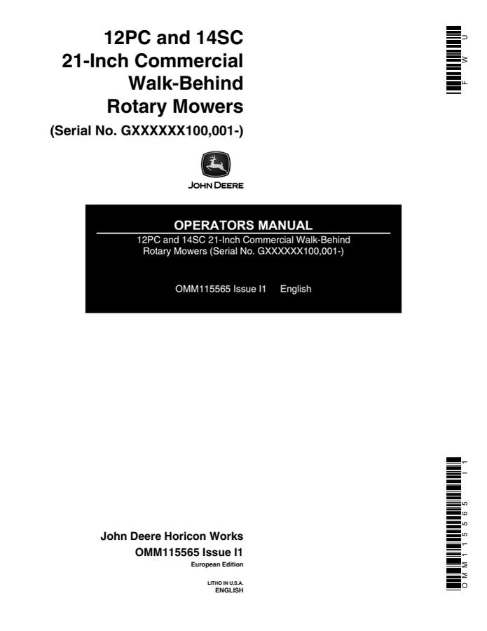 John Deere 12PC, 14SC 21-Inch Commercial Walk-Behind Rotary Mowers Rotary mower Operator manual OMM115565 — actual manual cover