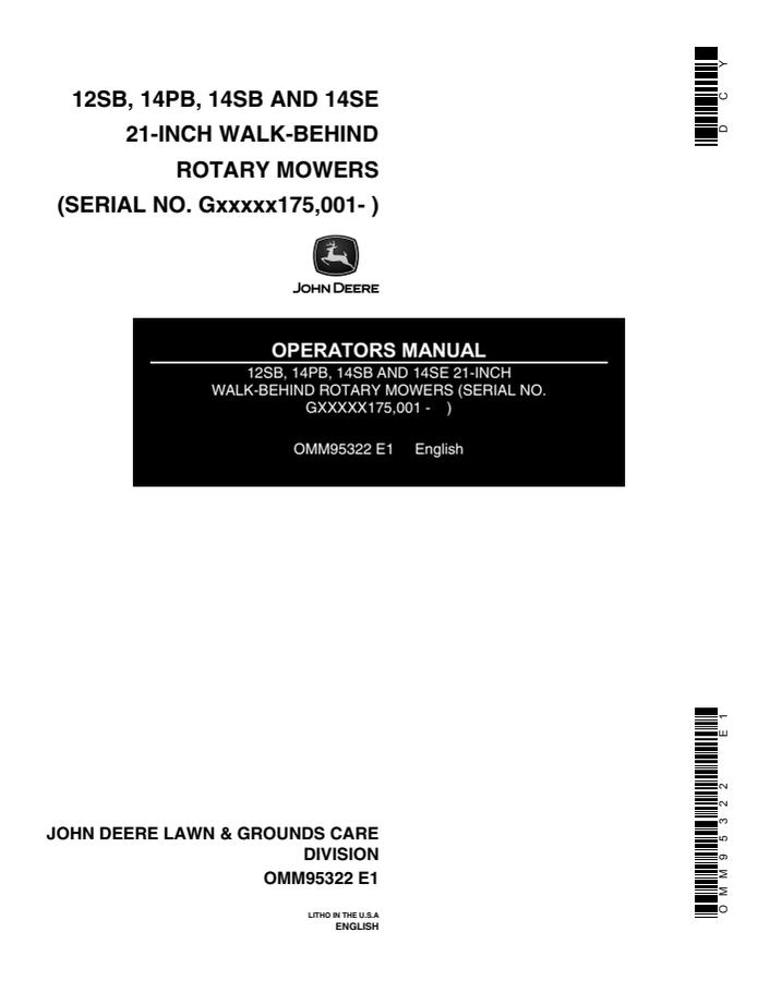 John Deere 12SB, 14PB, 14SB, 14SE 21-Inch Walk-Behind Rotary Mowers Rotary mower Operator manual OMM95322 — actual manual cover