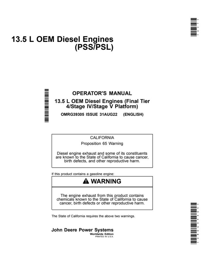 John Deere 13.5 L OEM Diesel Engines (PSS-PSL) Engine Operator manual OMRG39305 — actual manual cover