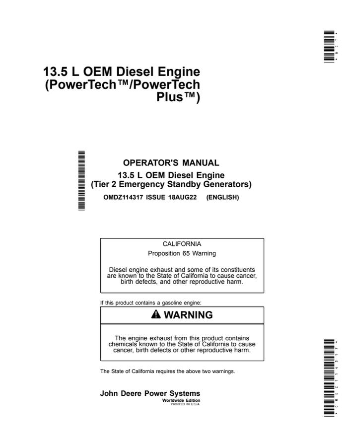 John Deere 13.5 L PowerTech/PowerTech Plus (Tier 2 Emergency Standby Generators) OEM diesel engine Operator's manual OMDZ114317 — actual manual cover