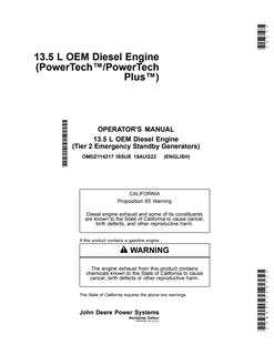John Deere 13.5 L PowerTech/PowerTech Plus (Tier 2 Emergency Standby Generators) OEM diesel engine Operator's manual OMDZ114317 — actual manual cover