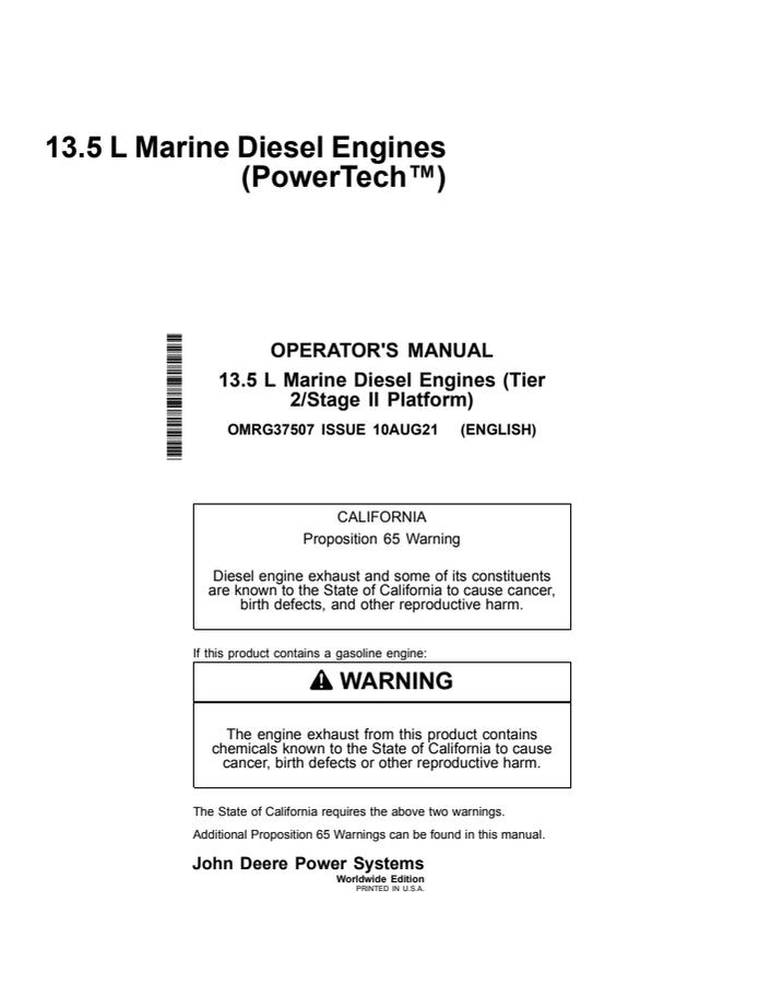 John Deere 13.5L Marine Diesel Engine (Tier 2 Stage II Platform) Engine Operator manual OMRG37507 — actual manual cover