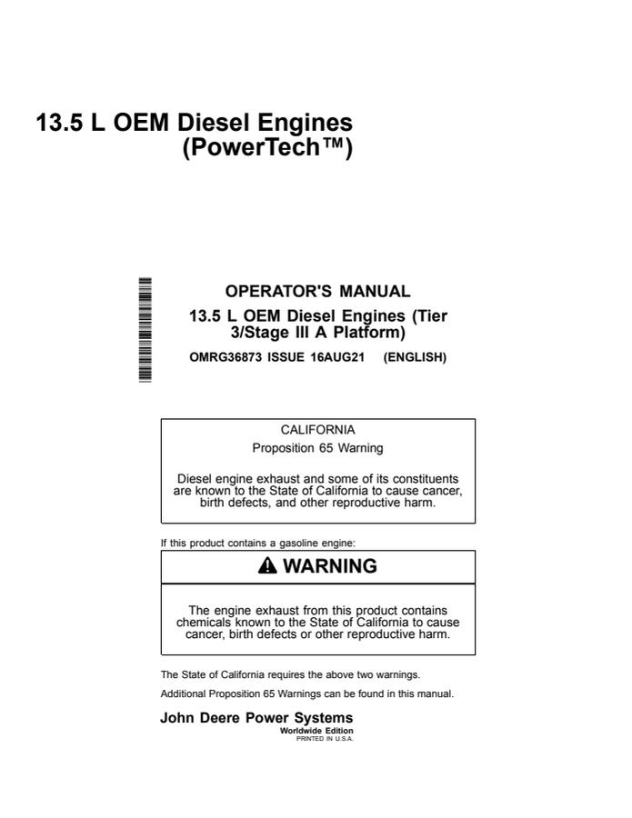 John Deere 13.5L OEM Diesel Engine (Tier 3 Stage III A Platform) Engine Operator manual OMRG36873 — actual manual cover