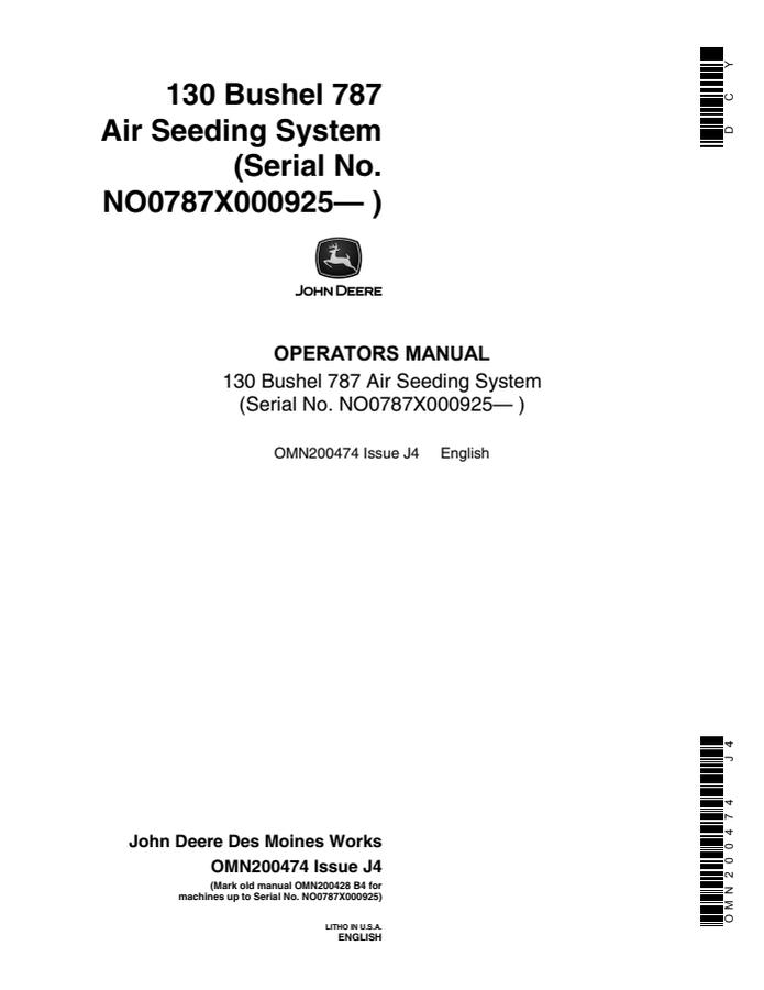 John Deere 130 Bushel 787 Air Seeding System Air seeding system Operator manual OMN200474 — actual manual cover
