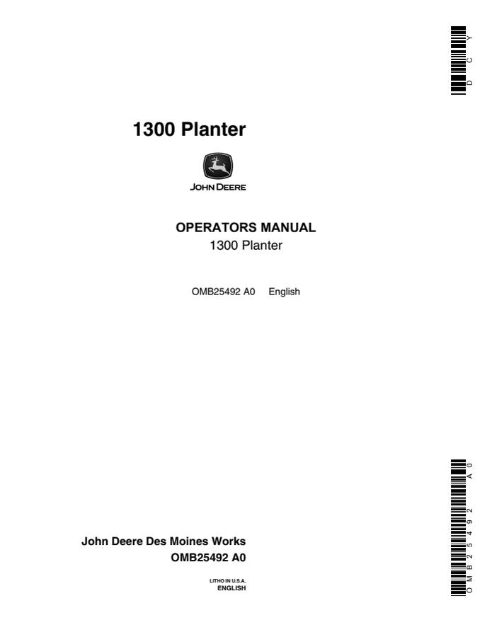 John Deere 1300 Planter Planter Operator manual OMB25492 — actual manual cover