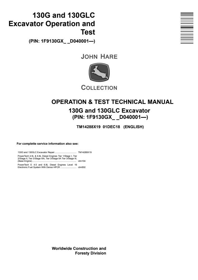 John Deere 130G, 130GLC Excavator Operation and Test Technical Manual — actual manual cover