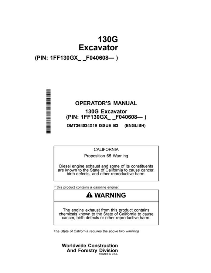 John Deere 130G Excavator Excavator Operator manual OMT364034X19 — actual manual cover
