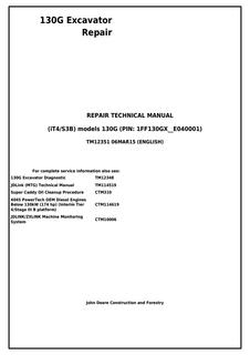 John Deere 130G (iT4/S3B) Excavator Repair Technical Manual (TM12351) — actual manual cover