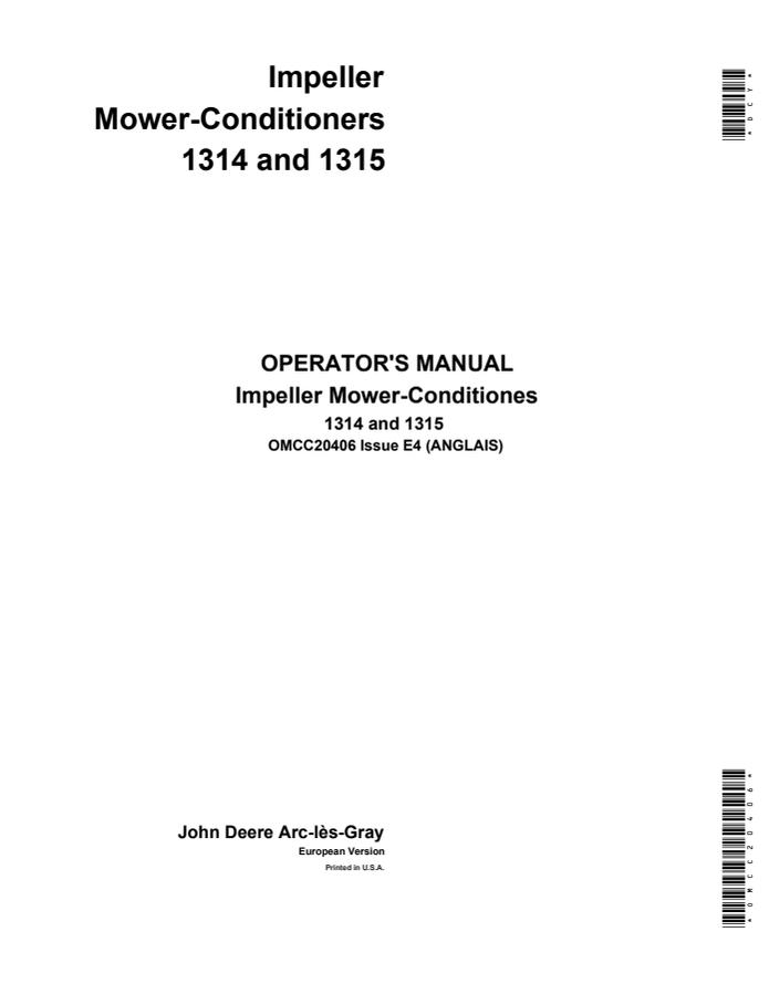 John Deere 1314, 1315 Impeller Mower-Conditiones Mower-conditioner Operator manual OMCC20406 — actual manual cover