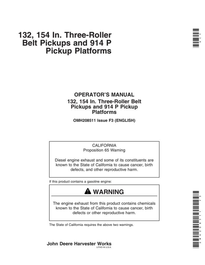 John Deere 132, 154 In. Three-Roller Belt Pickup and 914 P Pickup Platforms Pickup platform Operator manual OMH208511 — actual manual cover
