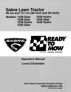 John Deere 1338 Gear, 1538 Gear, 1538 Hydro, 1546 Gear, 1638 Hydro, 1646 Gear, 1646 Hydro Lawn tractor Operator Manual OMGX10099 — actual manual cover