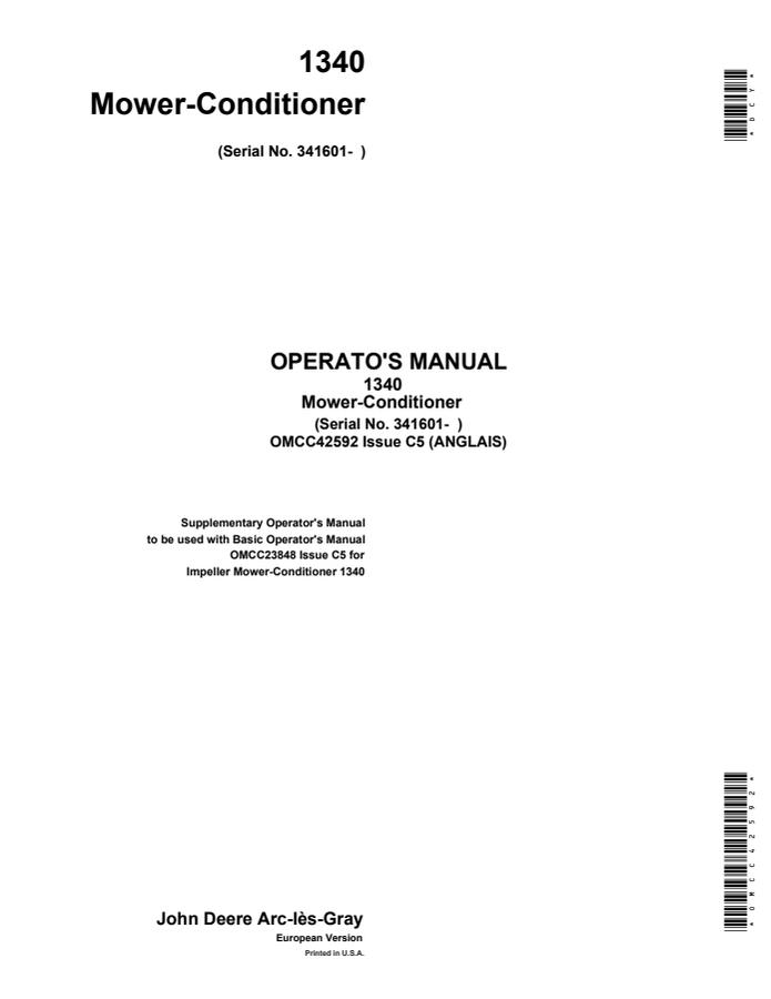 John Deere 1340 Mower-Conditioner Mower-conditioner Operator manual OMCC42592 — actual manual cover