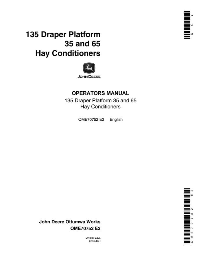 John Deere 135 Draper Platform; 35 and 65 Hay conditioner Operator manual OME70752 — actual manual cover