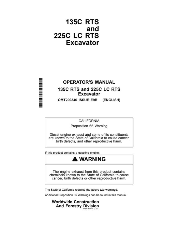 John Deere 135C RTS, 225C LC RTS Excavator Excavator Operator manual OMT200346 — actual manual cover
