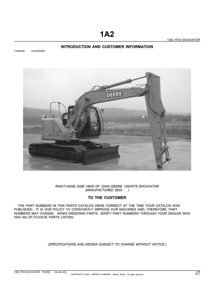 John Deere 135C RTS Excavator Parts Catalog — actual manual cover
