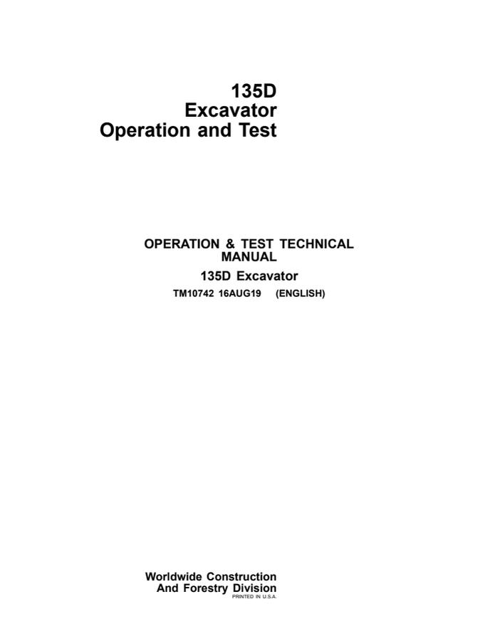 John Deere 135D Excavator Operation and Test Manual — actual manual cover