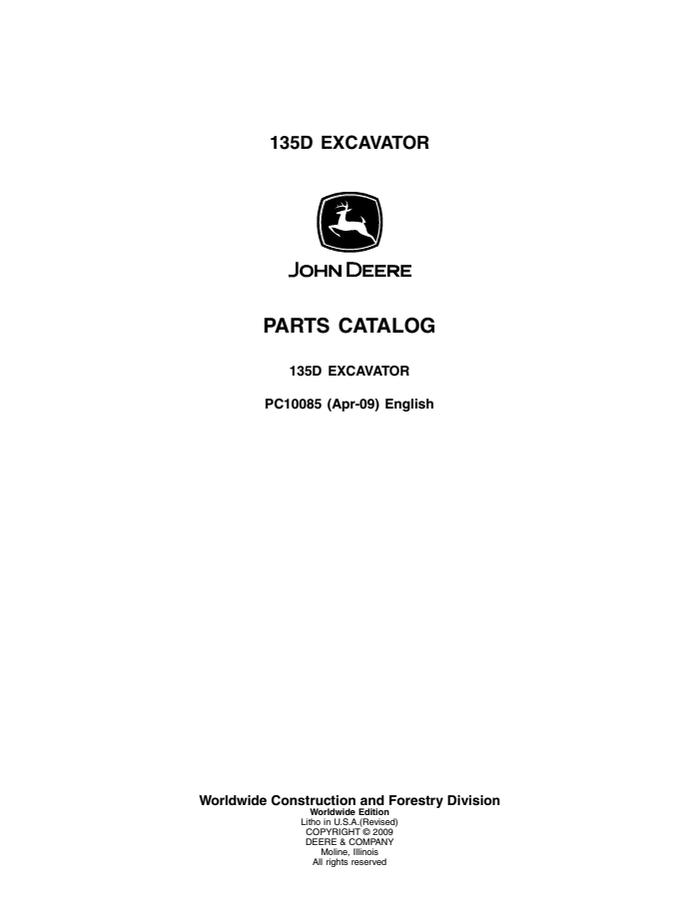 John Deere 135D Excavator Parts catalog PC10085 — actual manual cover
