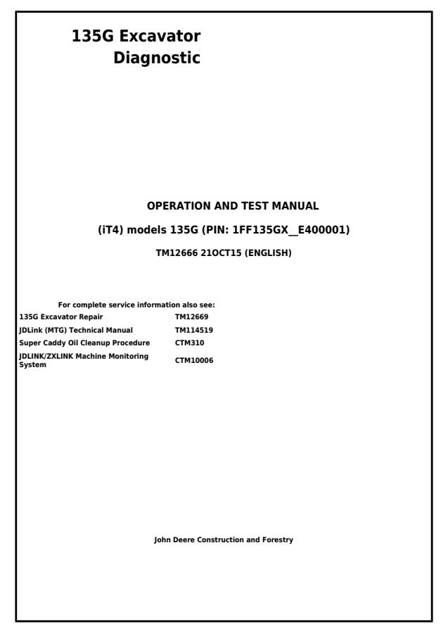John Deere 135G Excavator Diagnostic Operation and Test Manual — actual manual cover