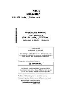 John Deere 135G Excavator Excavator Operator manual OMT382334X19 — actual manual cover