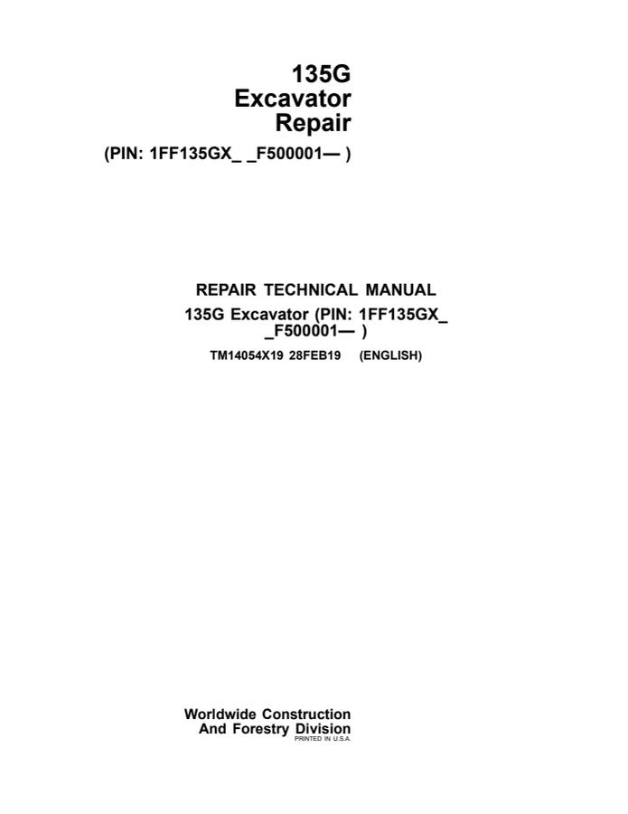 John Deere 135G Excavator Repair technical manual TM14054X19 — actual manual cover