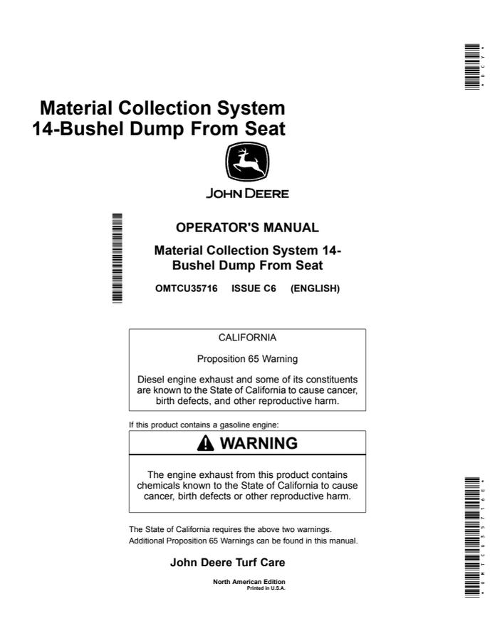 John Deere 14-Bushel Dump From Seat Material Collection System Material collection system Operator manual OMTCU35716 — actual manual cover