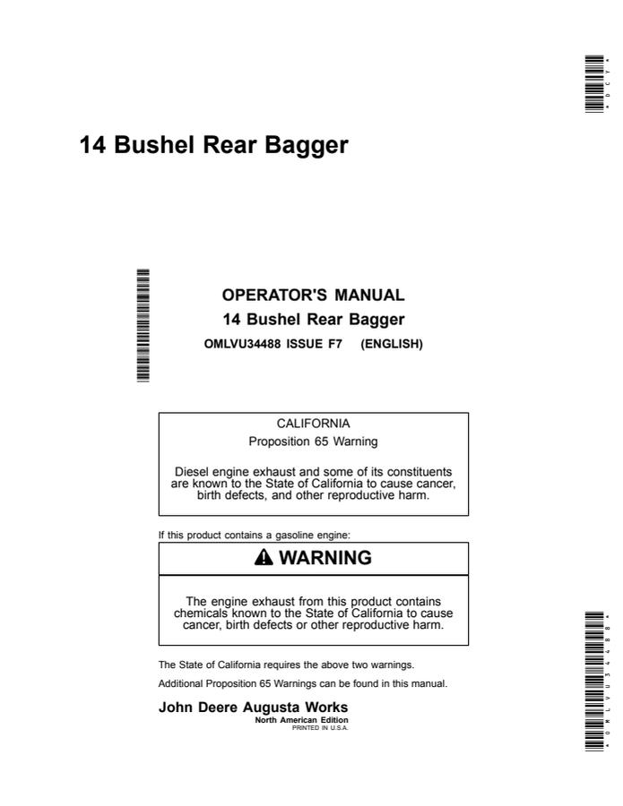 John Deere 14 Bushel Rear Bagger Rear bagger Operator manual OMLVU34488 — actual manual cover