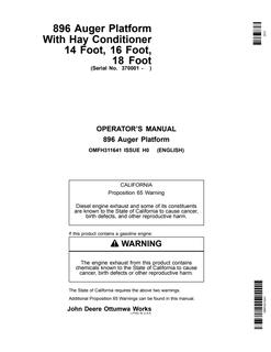 John Deere 14 Foot, 16 Foot, 18 Foot Hay Conditioner With 896 Auger Platform Auger platform Operator manual OMFH311641 — actual manual cover