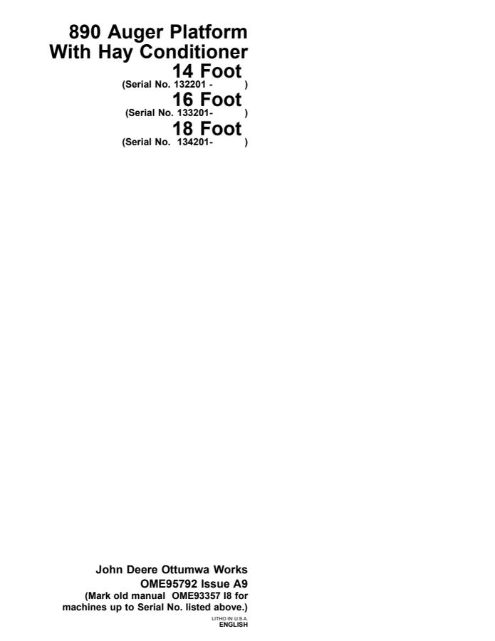 John Deere 14 Foot, 16 Foot, 18 Foot With 890 Auger Platform Hay Conditioner Auger platform Operator manual OME95792 — actual manual cover