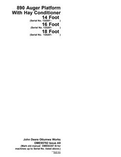 John Deere 14 Foot, 16 Foot, 18 Foot With 890 Auger Platform Hay Conditioner Auger platform Operator manual OME95792 — actual manual cover