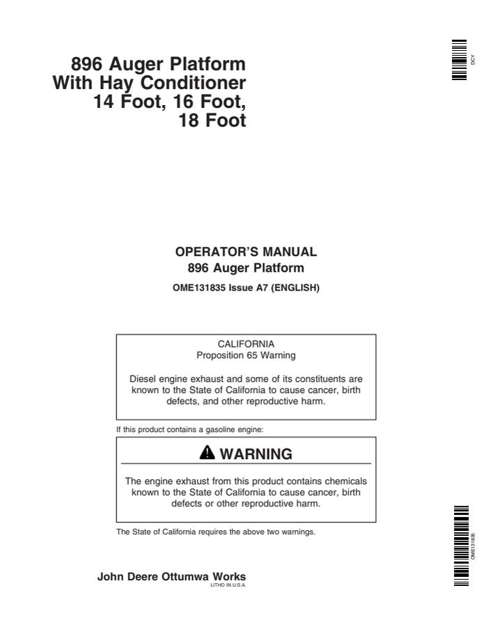 John Deere 14 Foot, 16 Foot, 18 Foot With 896 Auger Platform Hay Conditioner Auger platform Operator manual OME131835 — actual manual cover