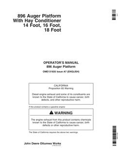 John Deere 14 Foot, 16 Foot, 18 Foot With 896 Auger Platform Hay Conditioner Auger platform Operator manual OME131835 — actual manual cover