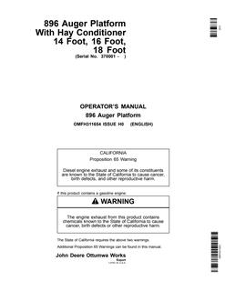 John Deere 14 Foot, 16 Foot, 18 Foot With 896 Auger Platform Hay Conditioner Auger platform Operator manual OMFH311654 — actual manual cover