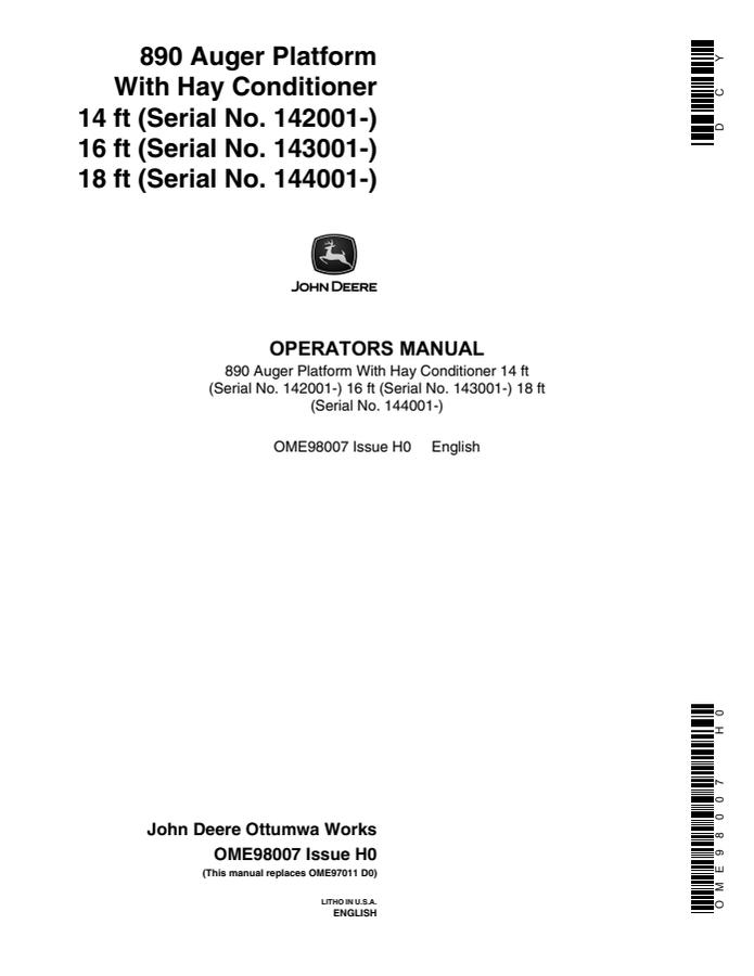 John Deere 14 ft, 16 ft, 18 ft With 890 Auger Platform Hay Conditioner Auger platform Operator manual OME98007 — actual manual cover